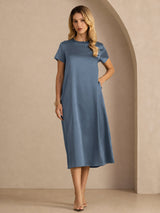 [Real Teal] SilkSilky-AU Short Sleeve Crew Neck Dress 007