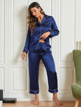 [Dark Blue] SilkSilky-AU Pure Silk Long Sleeve Notch Collar Women's Pyjamas 002