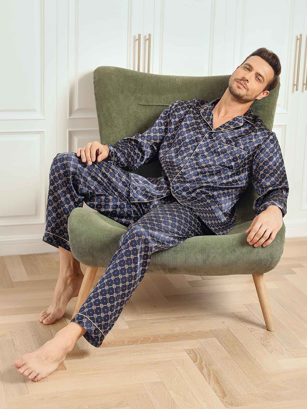 SilkSilky AU 19Momme Pure Silk Long Sleeve Lapel Men's Pyjamas DarkBlue 007