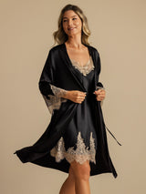 [Black] SilkSilky-AU 3/4 Sleeve V Neck Nightgown&Dressing Gown Set 007
