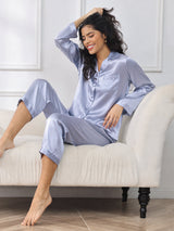 [Steel Blue] SilkSilky-AU Long Sleeve Lapel Collar Women's Pyjamas 001