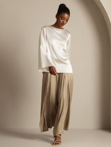 [White] SilkSilky-AU Long Sleeve Boat Neck Women's Blouse 008