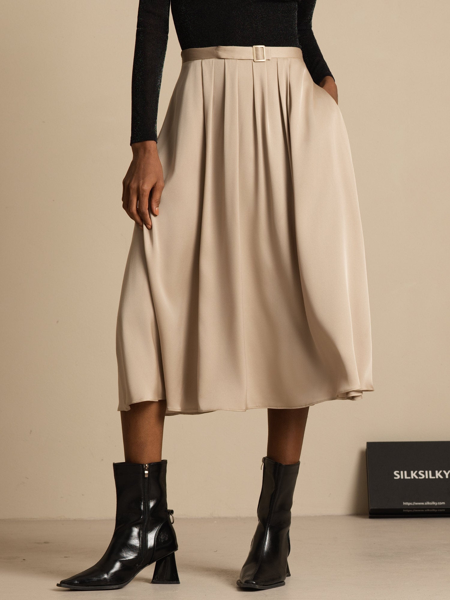 [Tan] SilkSilky-AU 19Momme Stretch Silk Double Georgette Skirt 004