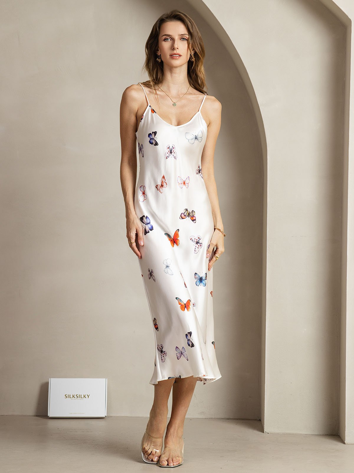 [WhiteButterfly] SilkSilky-AU 19Momme Silk V Neck Dress 003