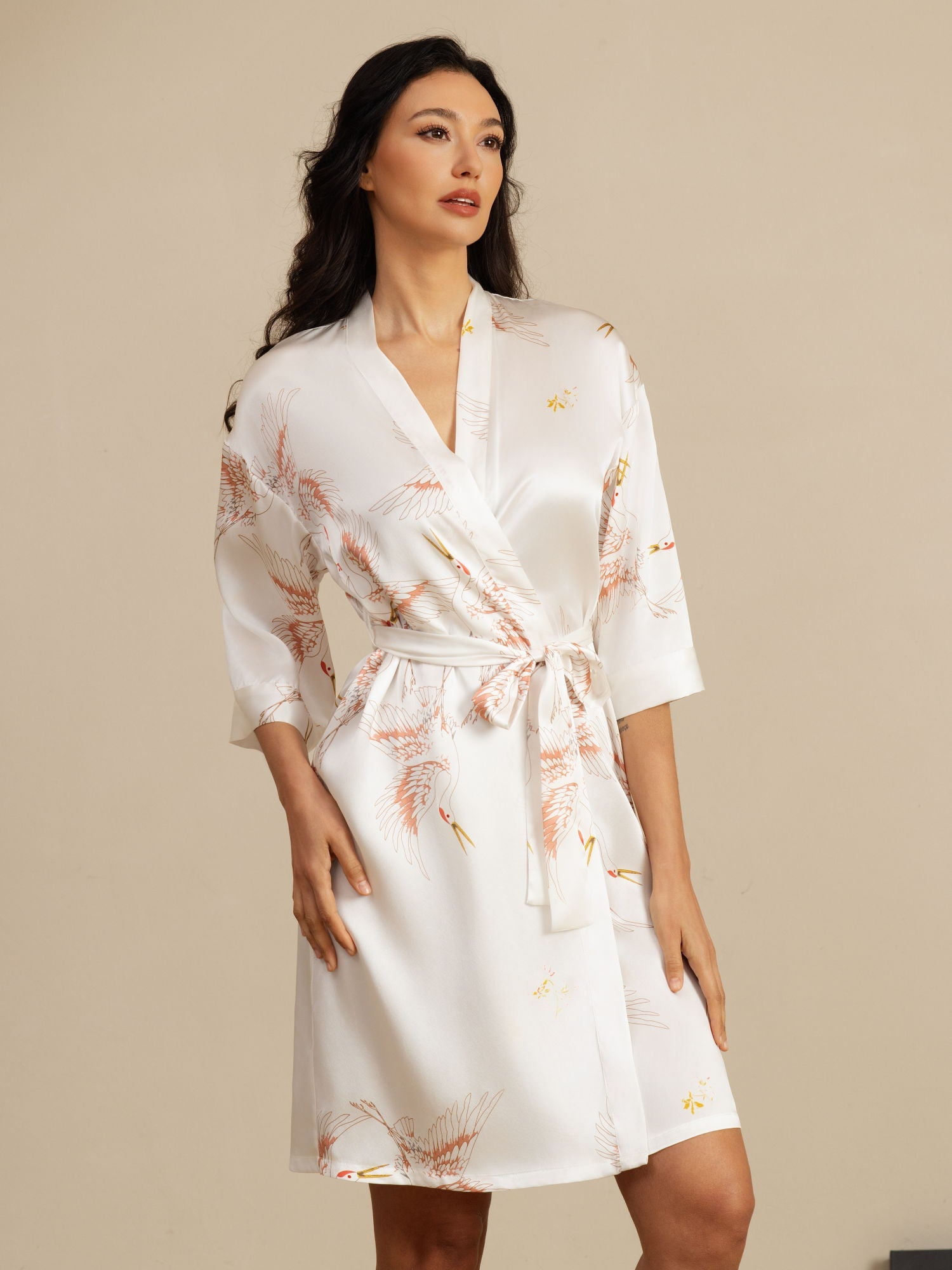 [White] SilkSilky-AU 19Momme 3/4 Sleeve Women's Dressing Gown 001