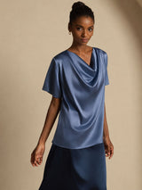 [Real Teal] SilkSilky-AU Short Sleeve Cowl Neck Women's Blouse 007