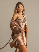 [Brown] SilkSilky-AU 3/4 Sleeve V Neck Nightgown&Dressing Gown Set 007