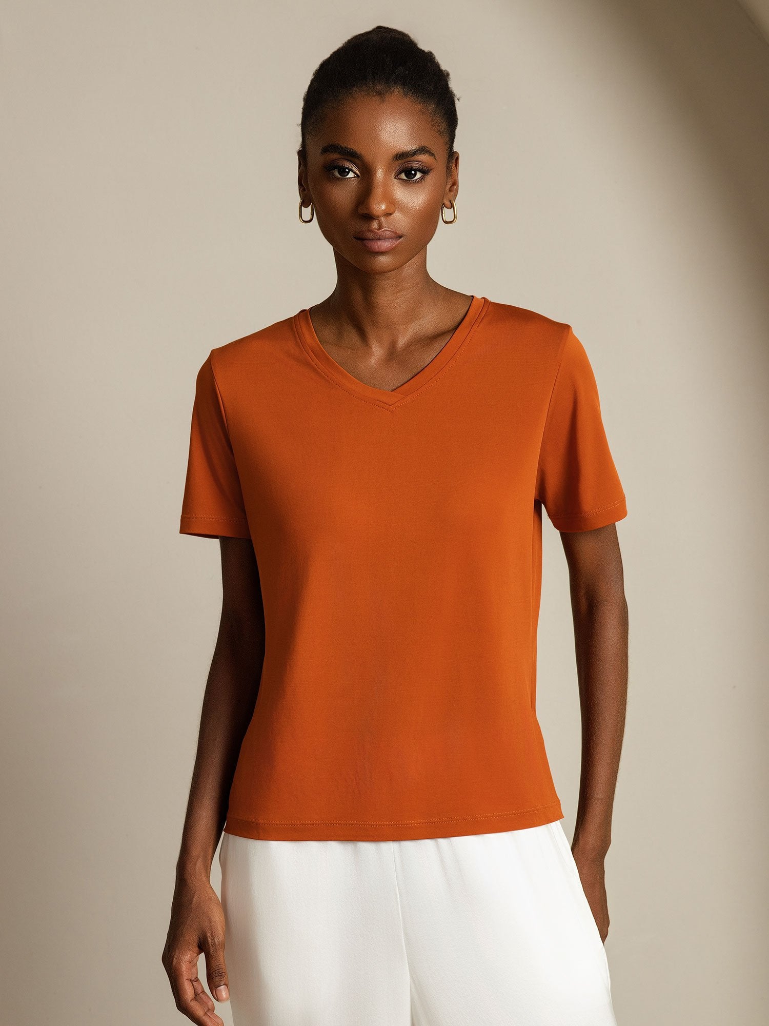 [Orange] SilkSilky-AU Pure Silk V Neck Women's T-Shirt 001