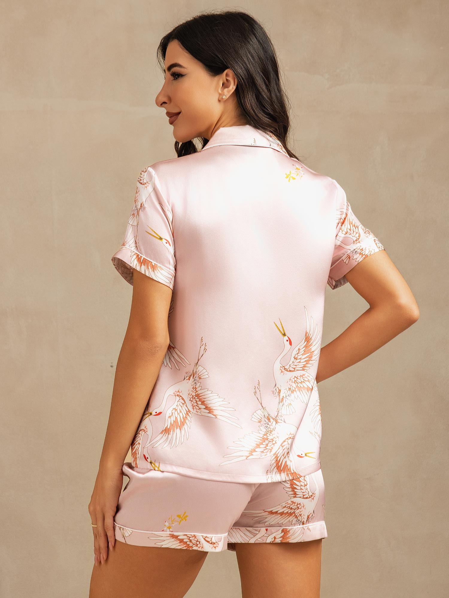 [Pink] SilkSilky-AU 19Momme Pure Silk Short Sleeve Notch Collar Women's Pyjamas 002