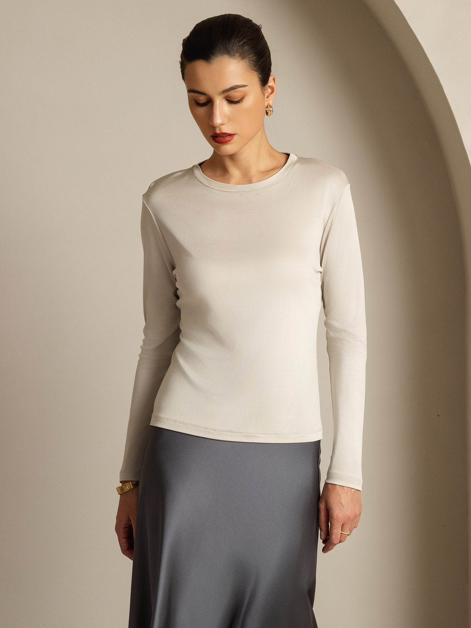 [Gray] SilkSilky-AU Pure Silk Womens T-Shirt 001,