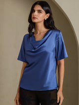 [Real Teal] SilkSilky-AU Short Sleeve Cowl Neck Women's Blouse 001