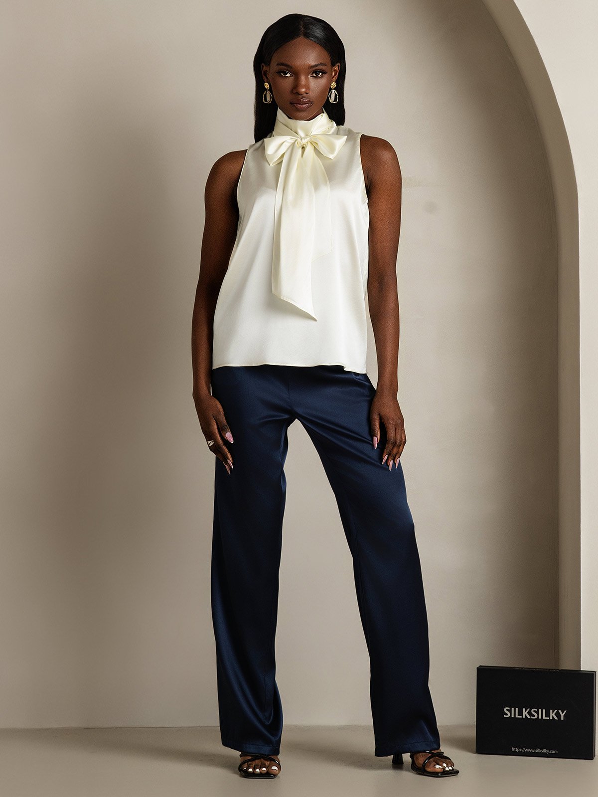SilkSilky-AU 19Momme Silk Tie Neck Women's Shirt Ivory 006