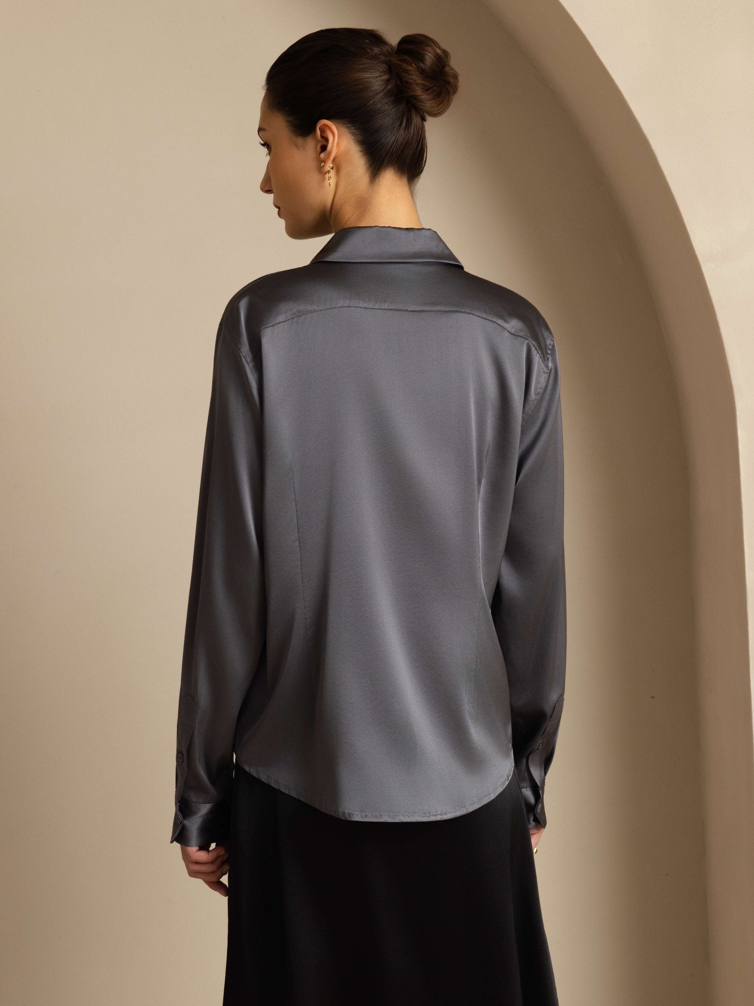 [Dark Gray] SilkSilky-AU 19Momme Stretch Silk Charmeuse Long Sleeve Lapel Collar Women's Shirt 002