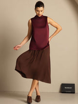 [Dark Red] SilkSilky-AU 19Momme Stretch Silk Charmeuse Sleeveless High Neck Blouse 010