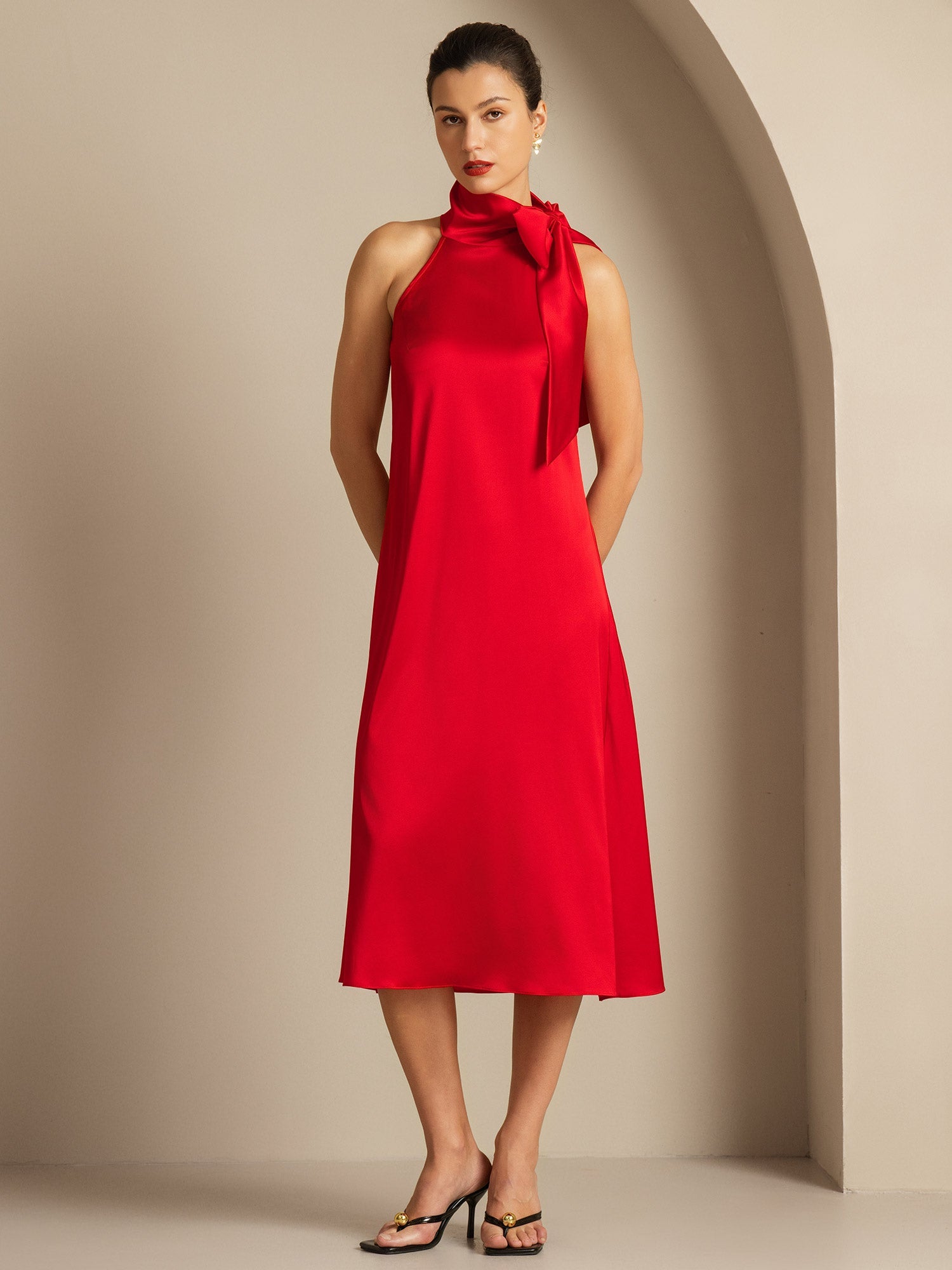 [Red] SilkSilky-AU 19Momme Silk Tie Neck Dress 001,