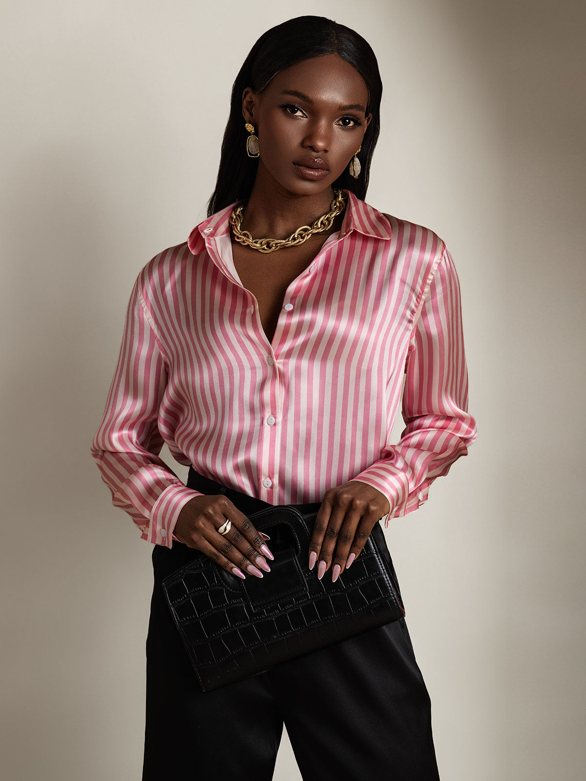 [Pink Stripe] SilkSilky-AU 19Momme Stretch Silk Charmeuse Long Sleeve Lapel Collar Women's Shirt 006