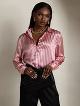 [Pink Stripe] SilkSilky-AU 19Momme Stretch Silk Charmeuse Long Sleeve Lapel Collar Women's Shirt 006