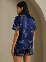 [Navy Zebra] SilkSilky-AU Short Sleeve Lapel Collar Women's Pyjamas 002