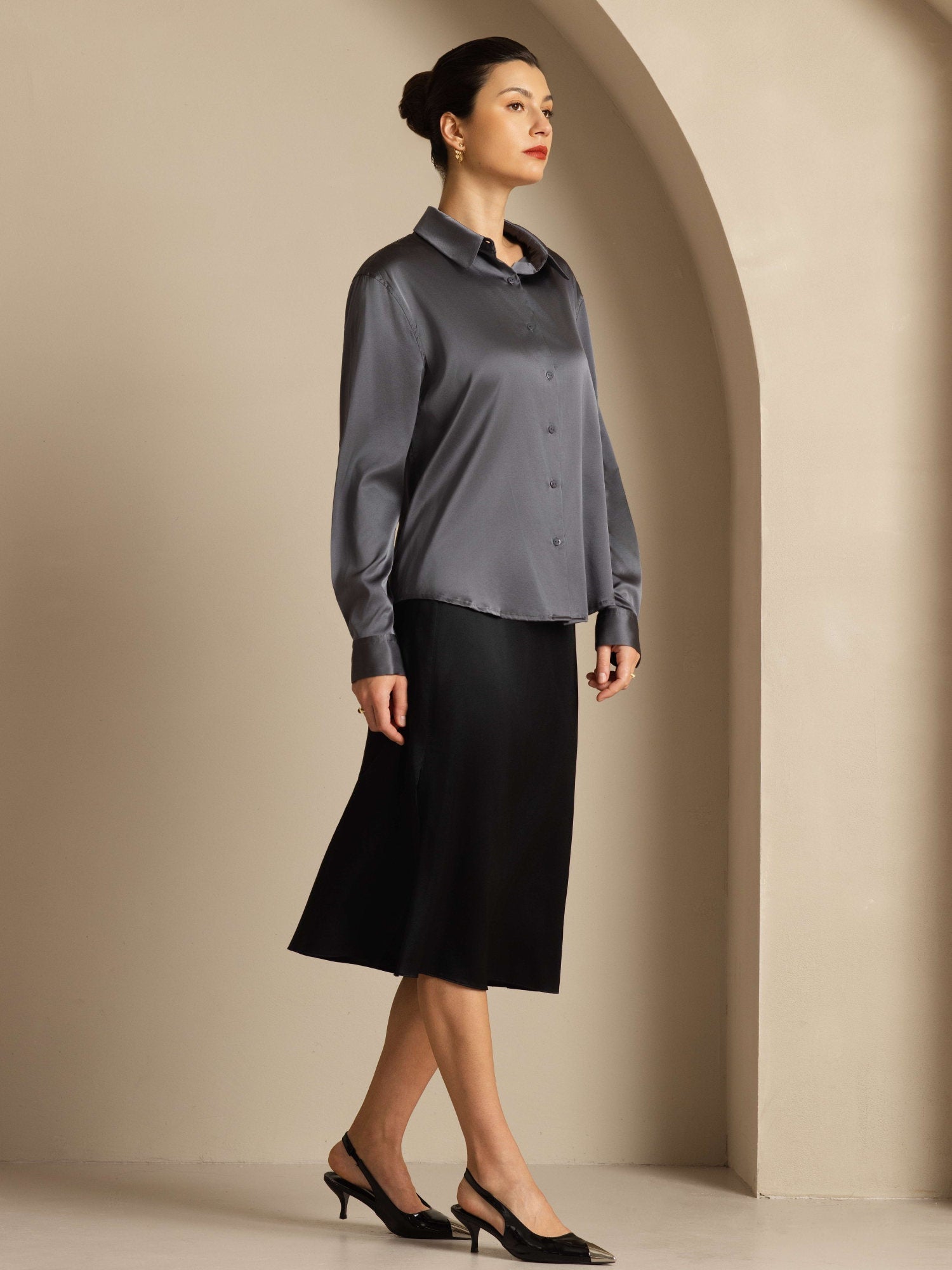 [Dark Gray] SilkSilky-AU 19Momme Stretch Silk Charmeuse Long Sleeve Lapel Collar Women's Shirt 004