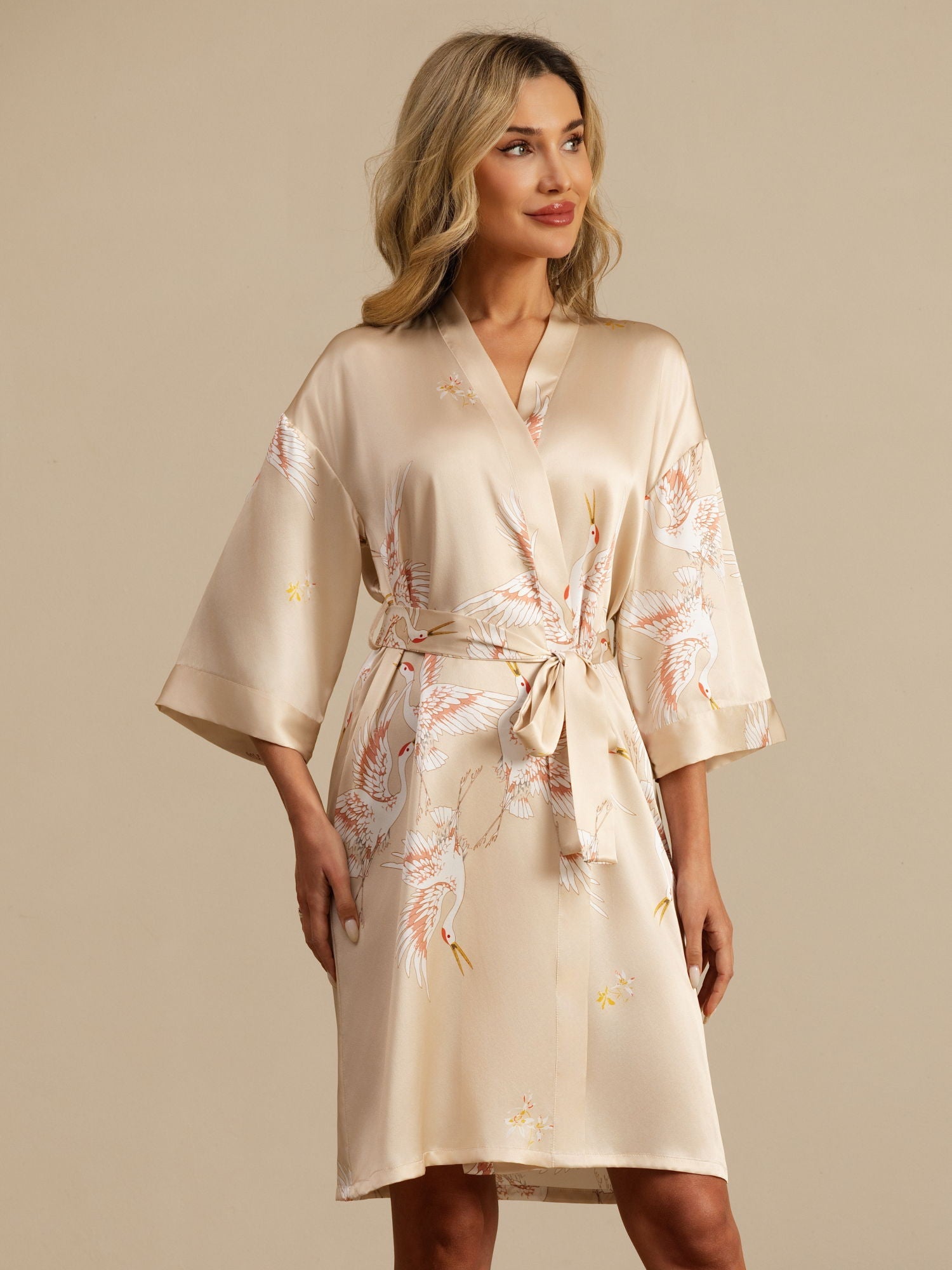 [Champagne] SilkSilky-AU 19Momme 3/4 Sleeve Women's Dressing Gown 003