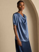 [Real Teal] SilkSilky-AU Short Sleeve Cowl Neck Women's Blouse 004