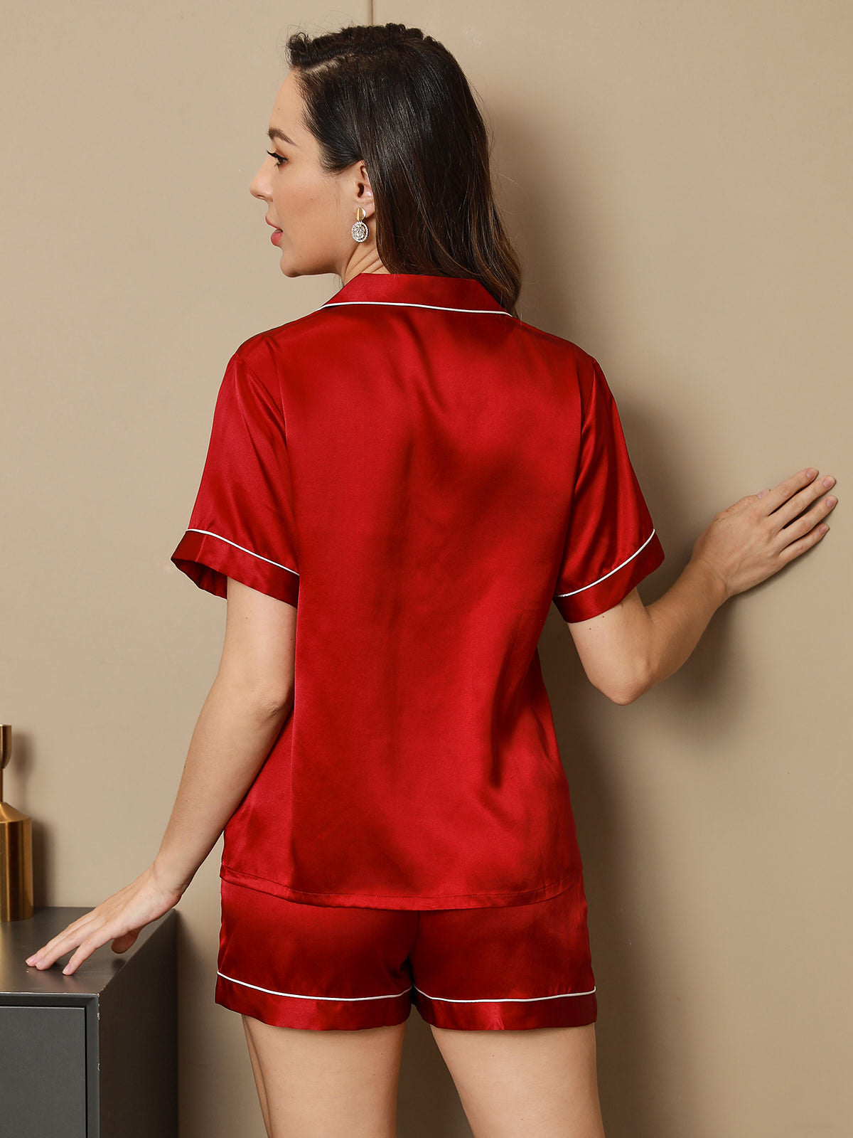 [Wine] SilkSilky-AU Short Sleeve Notch Collar Women's Pyjamas 002