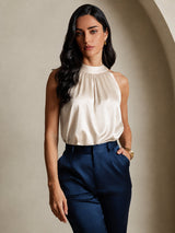 [Beige] SilkSilky-AU Sleeveless Halter Women's T-Shirt 001