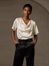 [Beige] SilkSilky-AU Short Sleeve Cowl Neck Women's Blouse 003