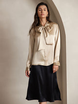 [Champagne] SilkSilky-AU 19Momme Stretch Silk Charmeuse Long Sleeve Tie Neck Blouse 001