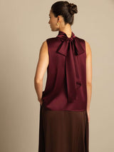 [Dark Red] SilkSilky-AU 19Momme Stretch Silk Charmeuse Sleeveless High Neck Blouse 002