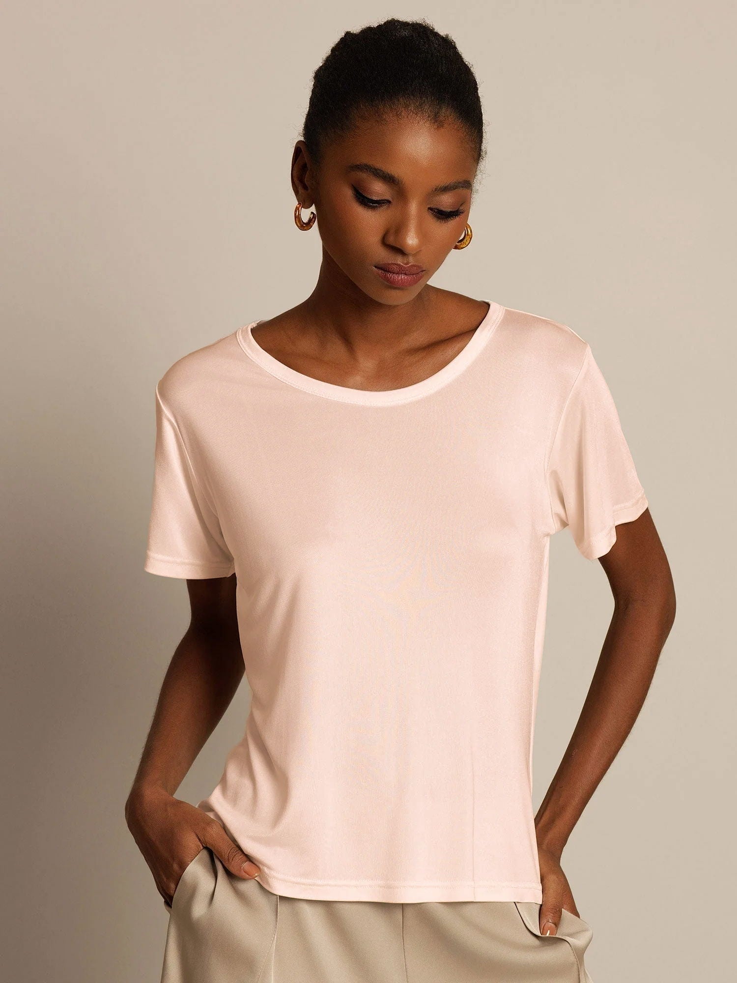 [Light Pink] SilkSilky-AU Short Sleeve Round Neck Women's T-Shirt 003