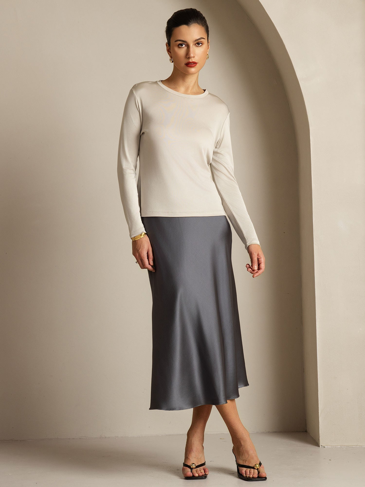 [Gray] SilkSilky-AU Pure Silk Womens T-Shirt 009,