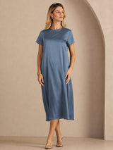[Real Teal] SilkSilky-AU Short Sleeve Crew Neck Dress 005