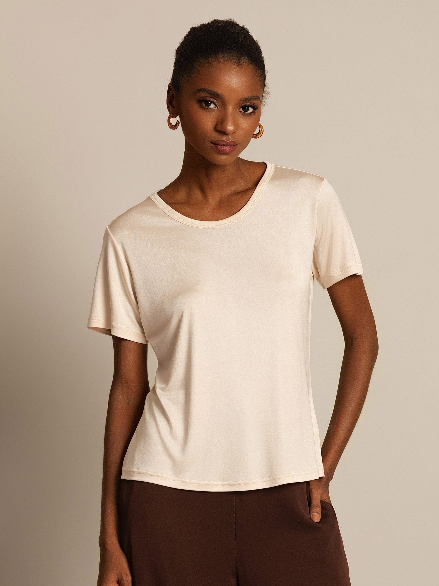 [Beige] SilkSilky-AU Silk Knitted Round Neck Women's T-Shirt 006,
