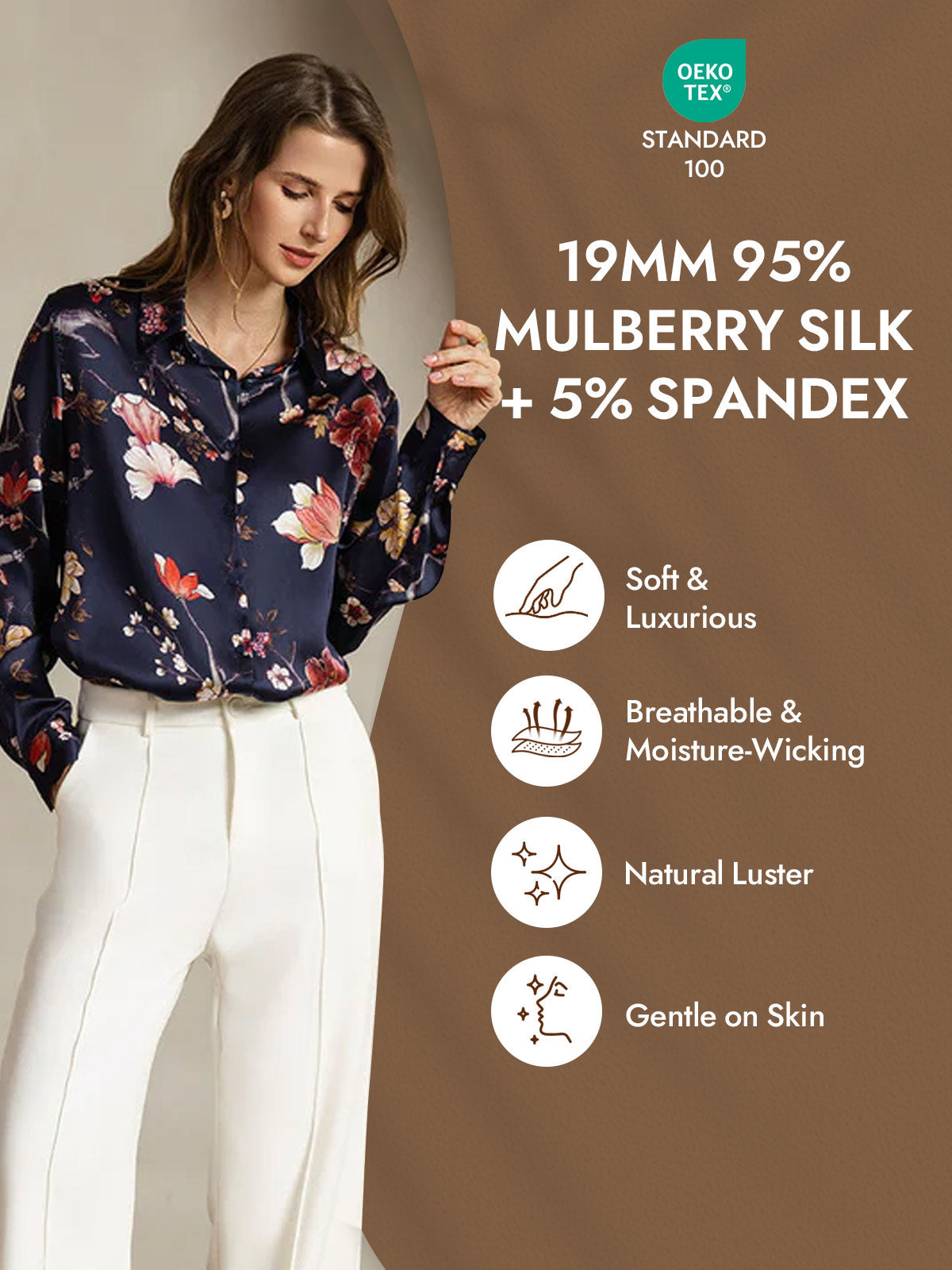 [Navy Floral] SilkSilky-AU Silk Long Sleeve Lapel Collar Women's Shirt 004