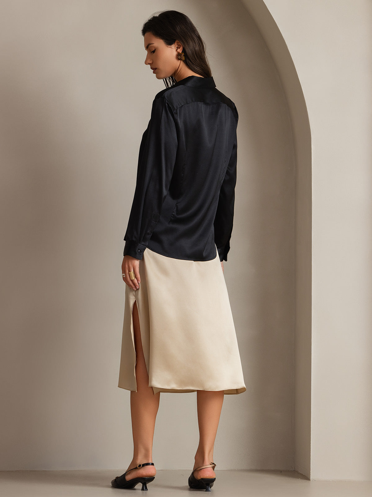 [Black] SilkSilky-AU Long Sleeve Lapel Collar Women's Shirt 002