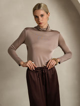 [Khaki] SilkSilky-AU Silk Jersey Long Sleeve Turtle Neck Women's T-Shirt 003