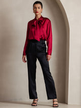 [Wine] SilkSilky-AU 19Momme Stretch Silk Charmeuse Long Sleeve Tie Neck Blouse 003