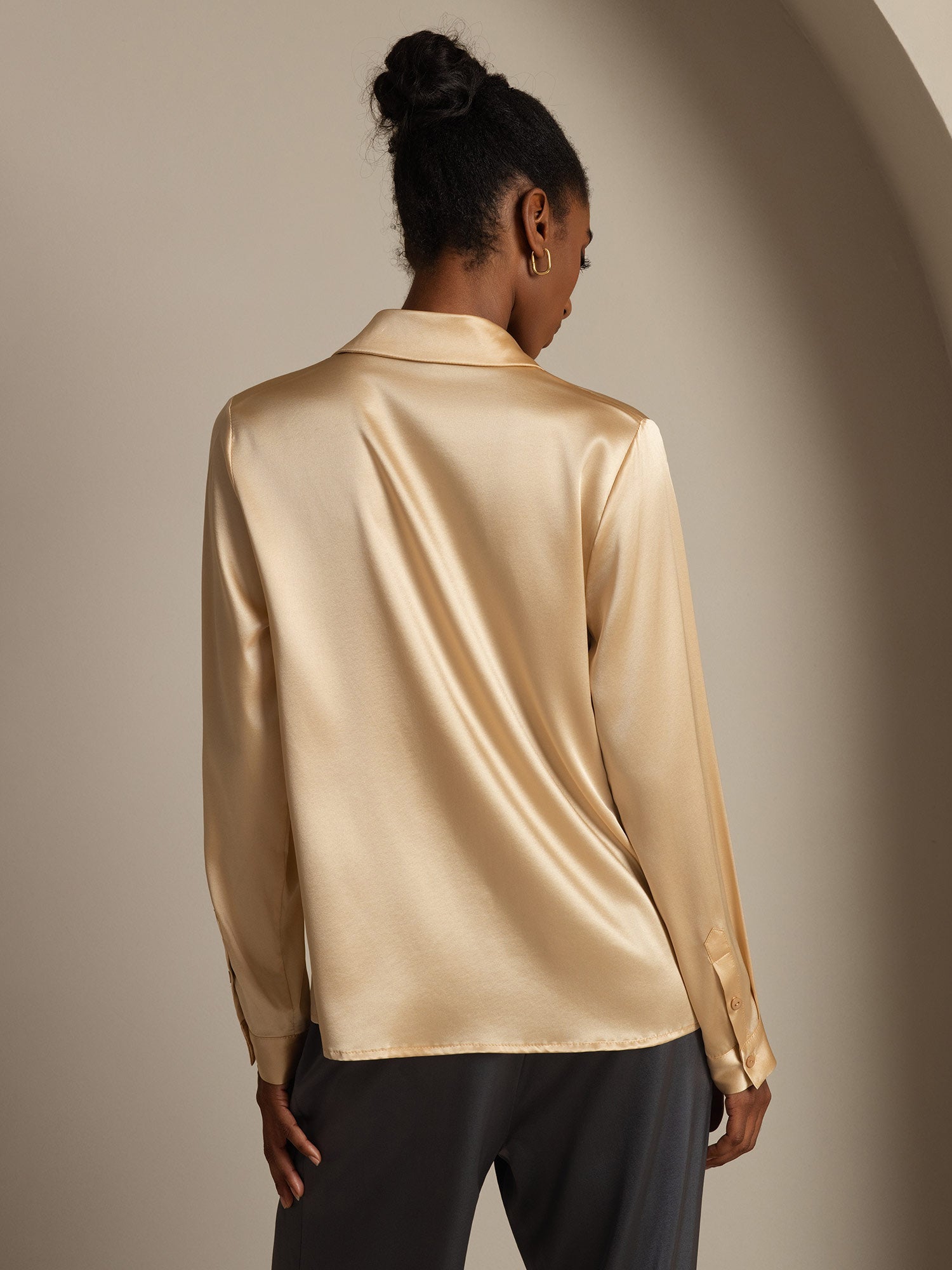 [Champagne] SilkSilky-AU 19Momme Silk Lapel Collar Women's Shirt 003