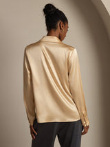 [Champagne] SilkSilky-AU 19Momme Stretch Silk Charmeuse Long Sleeve Lapel Collar Women's Shirt 003
