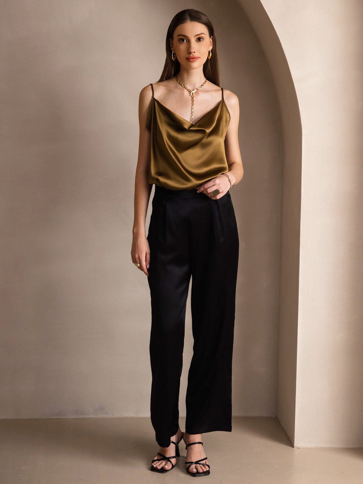 [Brown] SilkSilky-AU 19Momme Silk Spaghetti Strap Cowl Neck Camisole 006