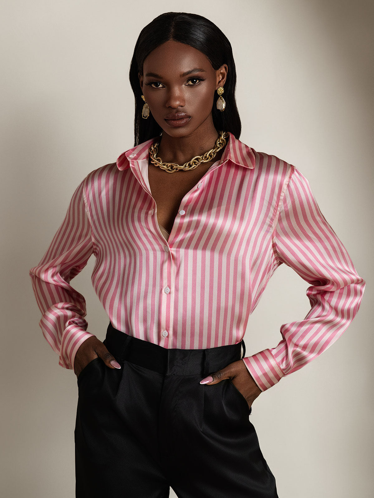 [Pink Stripe] SilkSilky-AU Silk Long Sleeve Lapel Collar Women's Shirt 008