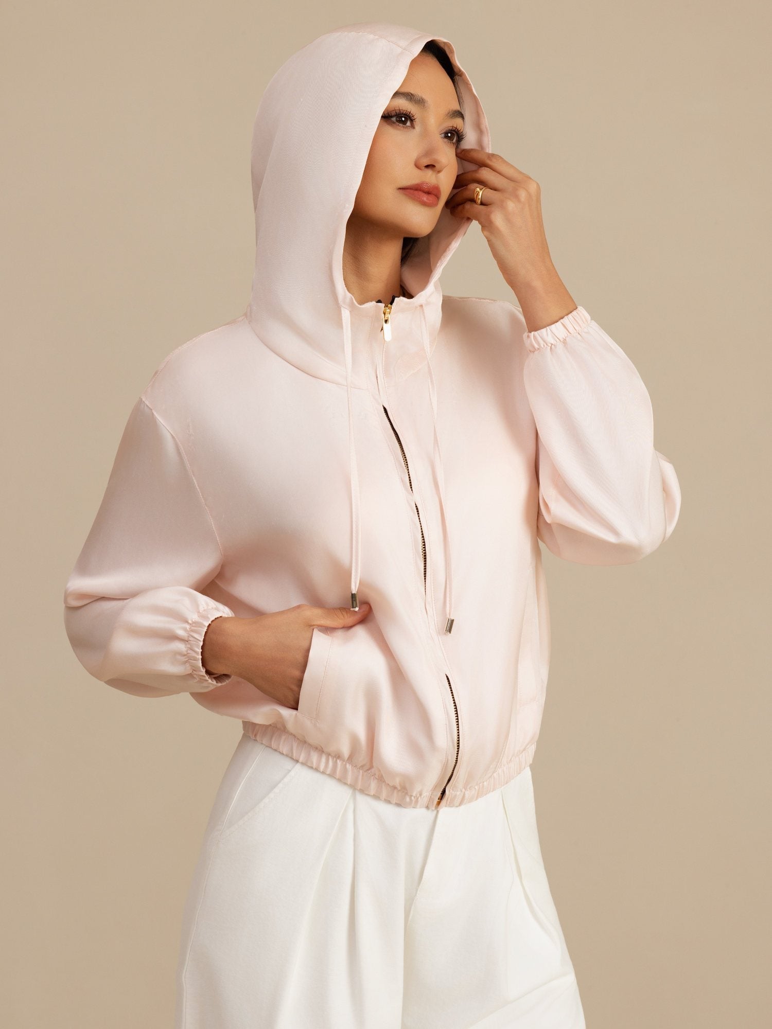 [Pink] SilkSilky-AU 18Momme Silk Satin Surah Long Sleeve Stand Collar Women's Outerwear 001