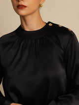 [Black] SilkSilky-AU 19Momme Stretch Silk Charmeuse Long Sleeve Round Neck Blouse 005