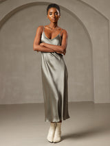 [Grayish Green] SilkSilky-AU Sleeveless V Neck Dress 001