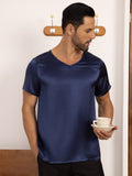 SilkSilky AU Pure Silk Short Sleeve V Neck Men's T Shirt DarkBlue 005