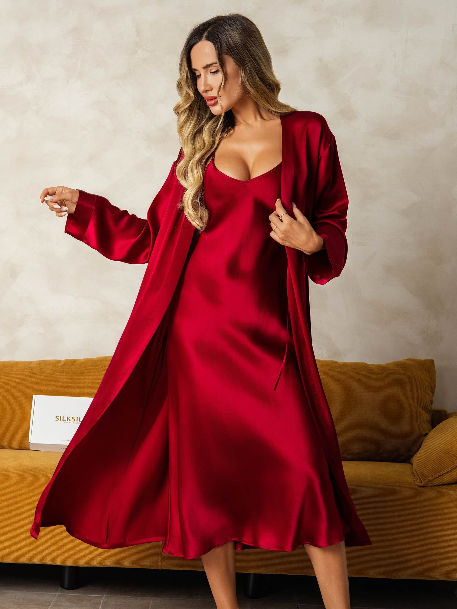[Wine] SilkSilky-AU Pure Silk V Neck Nightgown&Dressing Gown Set 009