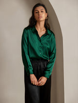 [Dark Green] SilkSilky-AU 19Momme Stretch Silk Charmeuse Long Sleeve Lapel Collar Women's Shirt 001