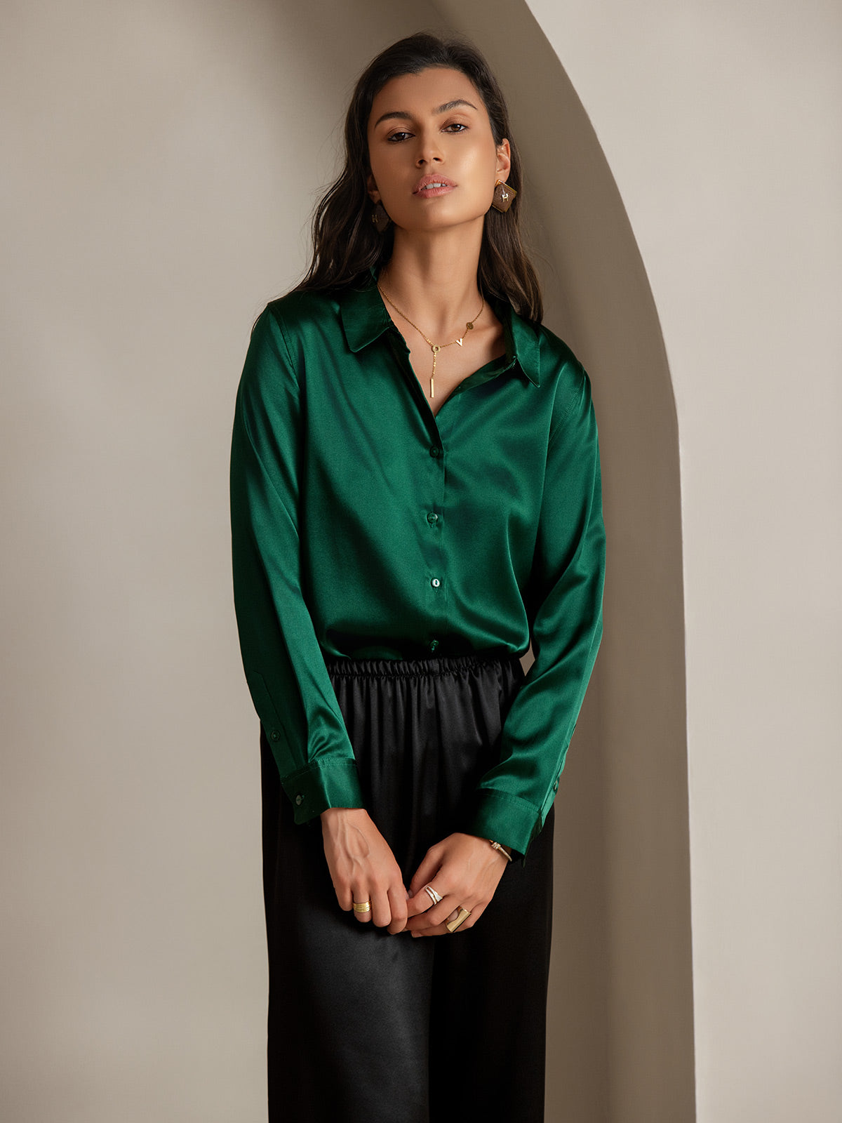 [Dark Green] SilkSilky-AU Long Sleeve Lapel Collar Women's Shirt 001