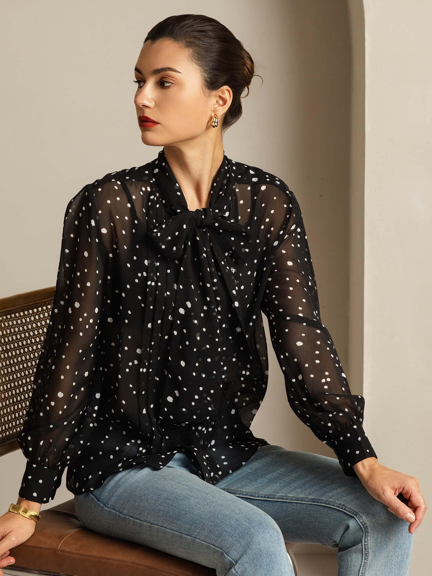 [PolkaDot] SilkSilky-AU Pure Silk Tie Neck Women's Shirt 001